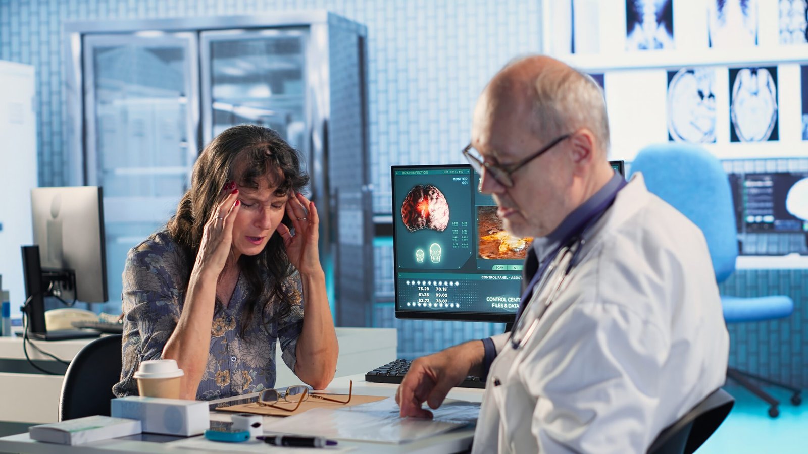 Old woman patient suffers from a painful migraine and asks for advice at checkup with medic, recommending a treatment to relieve pain and ease the inflammation. Health insurance. Camera B.